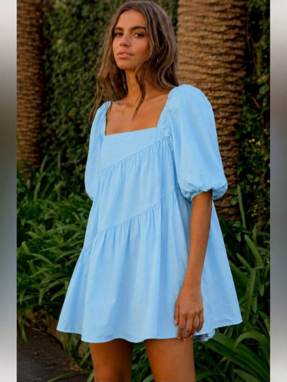 Zara Cotton Poplin Voluminous Mini Dress Puff Sleeve Babydoll Blue Size Small